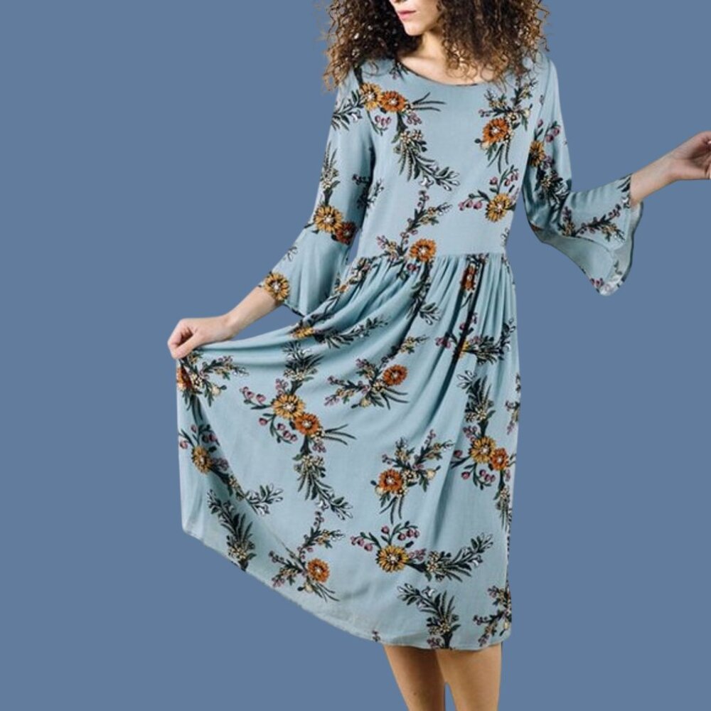 Women's Flounce 3/4 Sleeve Gathered Waist Crew Neck Floral Fit & Flare Dress L